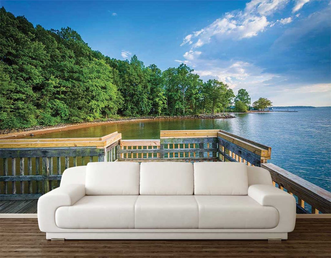 Lake Scene Wallpaper, LAKE HOUSE DECOR, Peel and Stick, Greenery Wall Covering, Lake View Wall