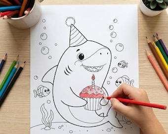 Desenho para colorir de um tubarão kawaii fazendo aniversário – Tema oceano/mar, atividade para crianças pequenas e em idade pré-escolar, download instantâneo (PDF, PNG, SVG)