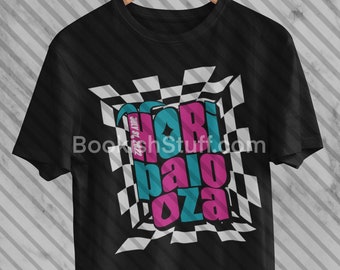 May include: Black t-shirt with a graphic design of the words "Hobi Palo Oza" in a checkered pattern with pink, blue, and white colors.