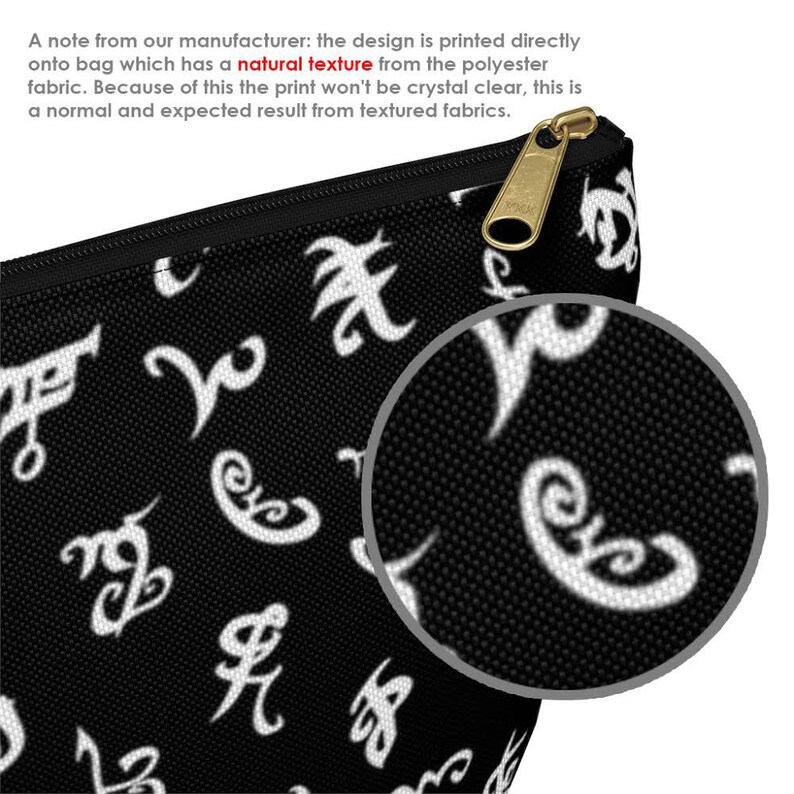 May include: Black zippered pouch with a white repeating pattern of stylized symbols. The pouch has a textured fabric.