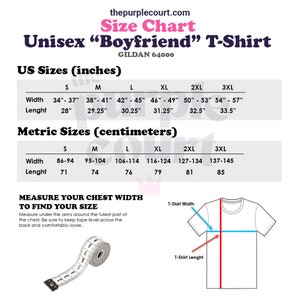 Puede incluir: Tabla de tallas para una camiseta unisex "Boyfriend", que muestra las medidas en pulgadas y cent&iacute;metros para las tallas S a 3XL. La tabla incluye las medidas de ancho y largo para las tallas de EE. UU. y m&eacute;tricas. La tabla tambi&eacute;n incluye un diagrama que muestra c&oacute;mo medir el ancho de tu pecho para encontrar tu talla.
