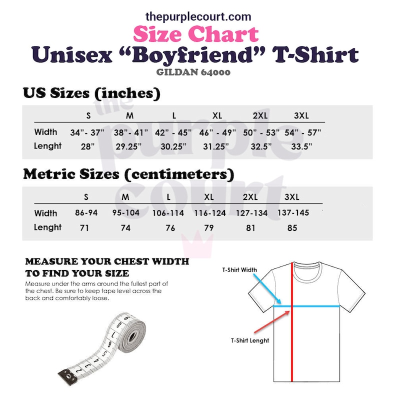 Puede incluir: Tabla de tallas para una camiseta unisex "Boyfriend", que muestra las medidas en pulgadas y cent&iacute;metros para las tallas S a 3XL. La tabla incluye las medidas de ancho y largo para las tallas de EE. UU. y m&eacute;tricas. La tabla tambi&eacute;n incluye un diagrama que muestra c&oacute;mo medir el ancho de tu pecho para encontrar tu talla.