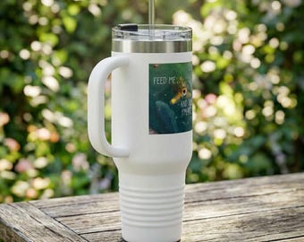 Feed Me Funny Fish Illustration Travel Mug, 40oz Insulated Tumbler | Cute Aquarium Quote