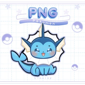 Pode incluir: Uma ilustração de desenho animado azul e branca de um personagem Pokemon, Vaporeon, com o texto "PNG Pokemon" e "Linxiy" na imagem.
