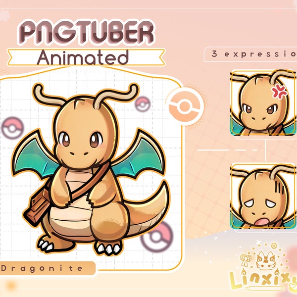 ANIMATED PNGTuber | Dragonite Pokemon [3 Expression] Stream File OBS | Voice Reactive | Twitch PNG Tuber Chibi Dynamic Avatars
