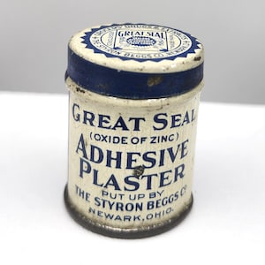 Vintage Great Seal Adhesive Plaster Tin Miniature White Blue Metal Stash Box Container Health First Aid Advertising Styron Beggs Co Empty