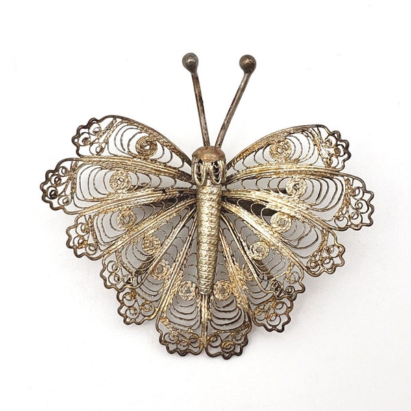 Vintage Silver Filigree Butterfly Brooch Spring Summer Jewelry Insect Themed Cannetille Pin Sterling Silver Sweater Hat Brooch