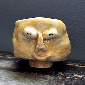 Vintage Ugly Face Creepy Pottery Cup Trinket Bowl 3" Sculpture Folk Art Abstract Funny Decor