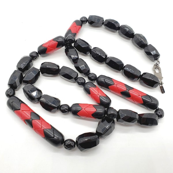 Vintage Monet Zig Zag Chunky Necklace Geometric Red And Black 80s Beaded Statement Costume Jewelry Art Deco Style
