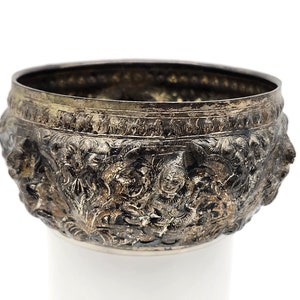 Vintage Thai Burmese Silver Metal Repousse Bowl High Relief Offering Bowl