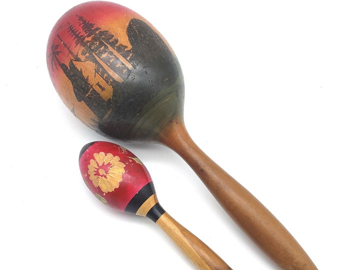 Vintage Maracas Folk Art Painted Carved Wooden Instruments Mismatched