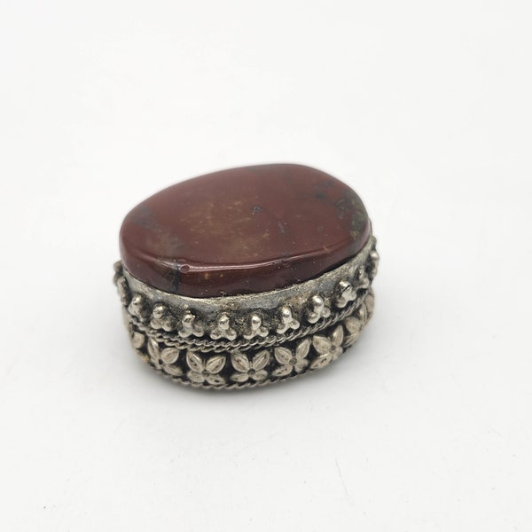 Vintage Pill Box Natural Stone Silver Metal Miniature Oval Ornate Trinket Box Red Brown Agate Type Rock