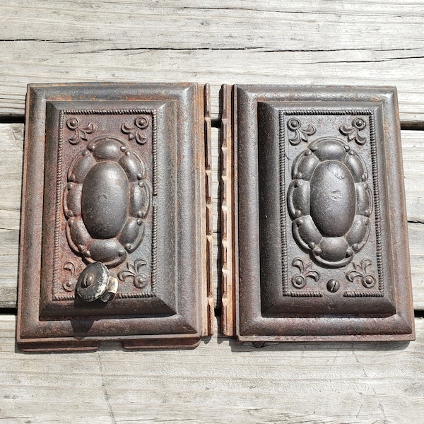 Vintage Cast Iron Doors or Cover Plates Small 7 1/2" Ornate Furnace Oven Stove Salvage Assemblage Altered Art Supply Rusty Metal