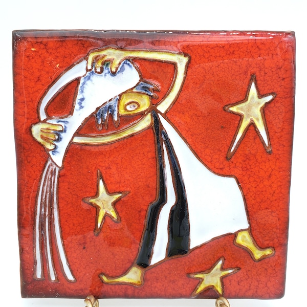 Vintage Aquarius Zodiac Glazed Painted Tile Wall Decor Folk Art Style Red White Celestial Stars Water Bearer Horoscope Sign Symbol