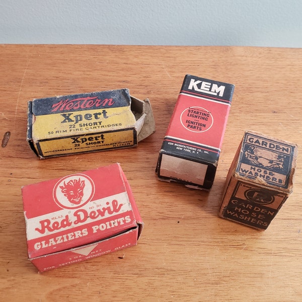 Vintage Advertising Box Lot Red Devil Glazier Points Western Xpert 22 Short KEM Ignition Part Condenser Hose Washers Antique Decor