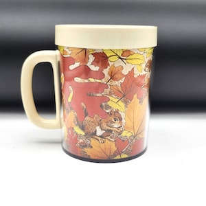 Vintage Thermo Serv Mug Squirrel Leaves Autumn Fall Colors Retro Pattern 1980s Drinking Cup