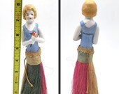 Vintage Half Doll Brush Lady Handle Pink Green Broom Vanity Dresser Porcelain Woman Topped Garment Brush Figural Torso Handle Japan