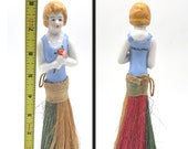 Vintage Half Doll Brush Lady Handle Pink Green Broom Dresser Vanity Porcelain Woman Topped Garment Brush Figural Torso Handle Japan