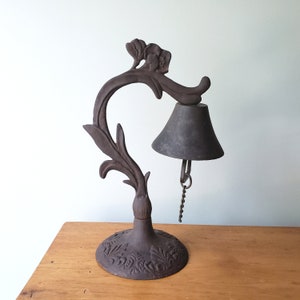 Vintage Cast Iron Dinner Bell On Stand Triangle Clapper Rusty Patina Weathered Aged Country Farmhouse Decor Primitive