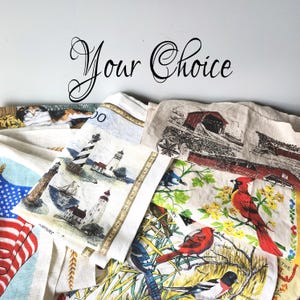 May include: A collection of vintage fabric napkins with various designs. Some napkins feature lighthouses, birds, and American flags. The text "Your Choice" is written in a cursive font across the top of the image.