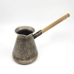 Vintage Cezve Coffee Pot Turkish Hammered Silver Metal 12 Oz Wooden Handle Collectible Decor USSR