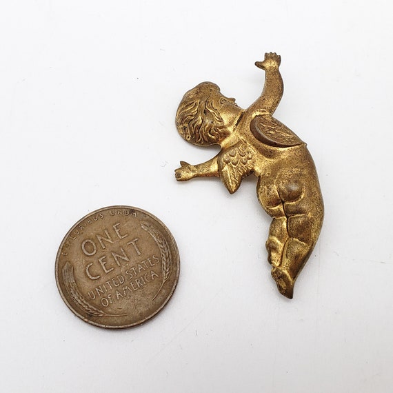 Vintage Cherub Pin Gold Brass Tone Flying Baby An… - image 5