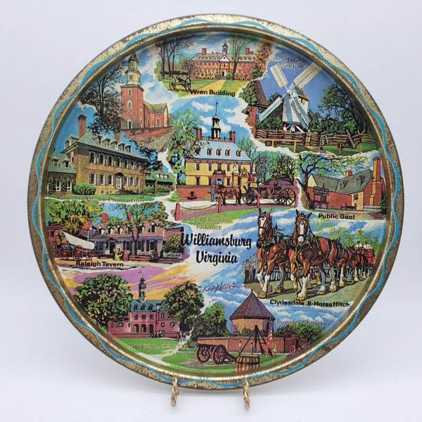 Vintage Williamsburg VA Metal Souvenir Tray Landmarks Tourist Attractions Clydesdale Horses Governors Palace Raleigh Tavern Barware Decor