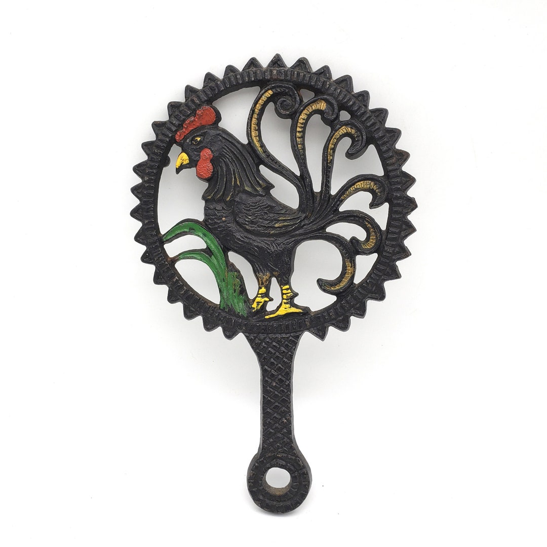 Vintage Rooster Trivet Painted Cast Iron Round With Handle Pot Etsy