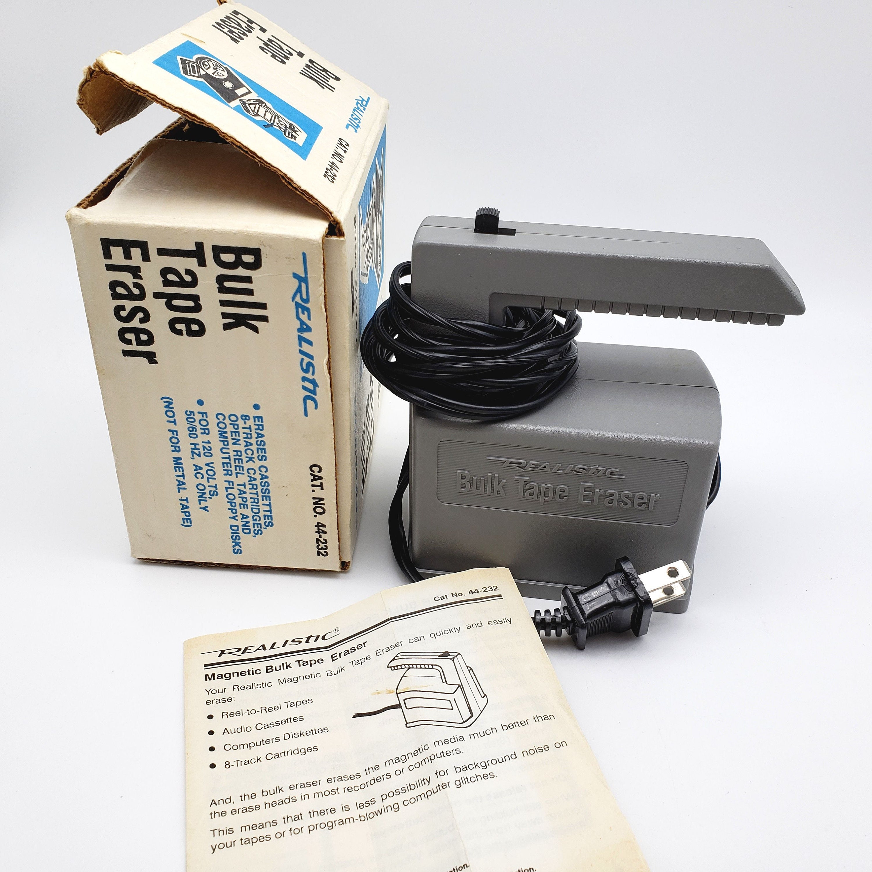 Vintage Realistic Bulk Tape Eraser 44 232 Erases Cassettes Floppy Disks 8  Tracks Open Reel Tapes Magnetic Eraser Old Radio Shack Tandy Corp