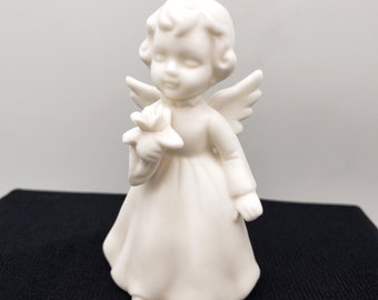 Vintage Schmid Bros Porcelain Bisque White Angel Holding Flower Miniature Figurine 3" Japan