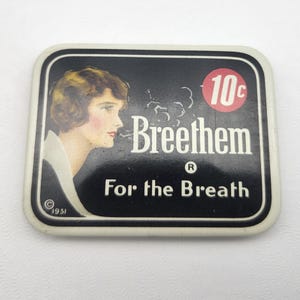 Vintage Breethem Tin Miniature Ten Cent Metal Stash Box Container Mint Gum 1930s Advertising Empty