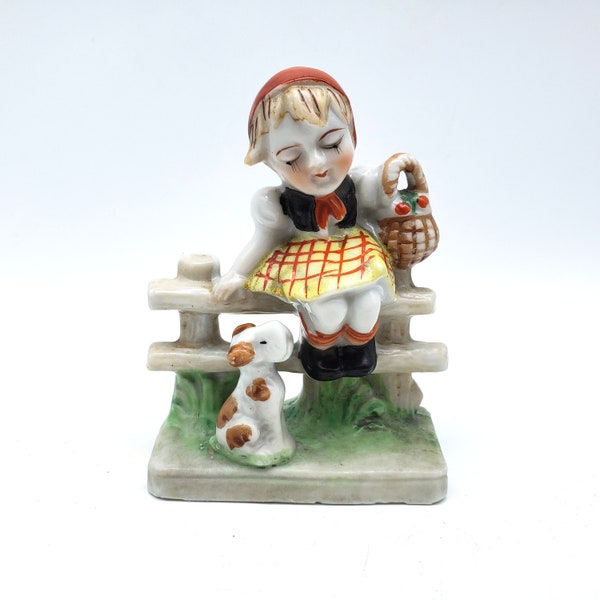 Vintage Girl On Fence Puppy Dog Figurine Ceramic Child Kitsch Figural Knick Knack Made In Japan