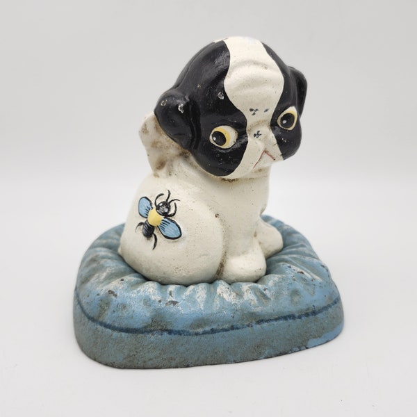 Vintage Cast Iron Puppy Dog Pillow Boston Terrier Door Stop Still Coin Bank Cute Doggie With Bee Black And White