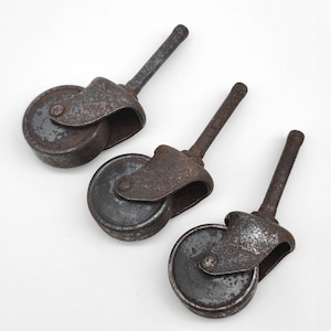 Vintage Caster Wheels Metal Set Of 3 Salvaged Hardware Supply Project DIY Parts Stem Peg Style