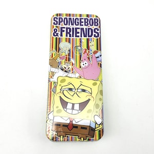May include: Rectangular metal tin featuring SpongeBob SquarePants and friends. The tin has a colorful striped background with the words "SPONGEBOB & FRIENDS" at the top. The characters are smiling and in a cartoon style.