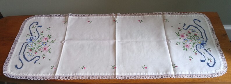 Vintage Embroidery Table Dresser Runner Handmade Flower Design Etsy