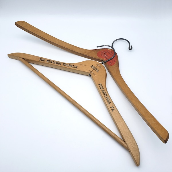 Vintage Wooden Hangers Lot Of 2 Benjamin Franklin Hotel Philadelphia PA Rogers Peet Co Wood Clothes Coat Hanger