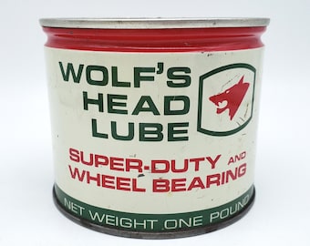 Vintage Wolf's Head Lube Can Tin Garage Advertising Red White Green Wheel Bearings 1 Lb Size
