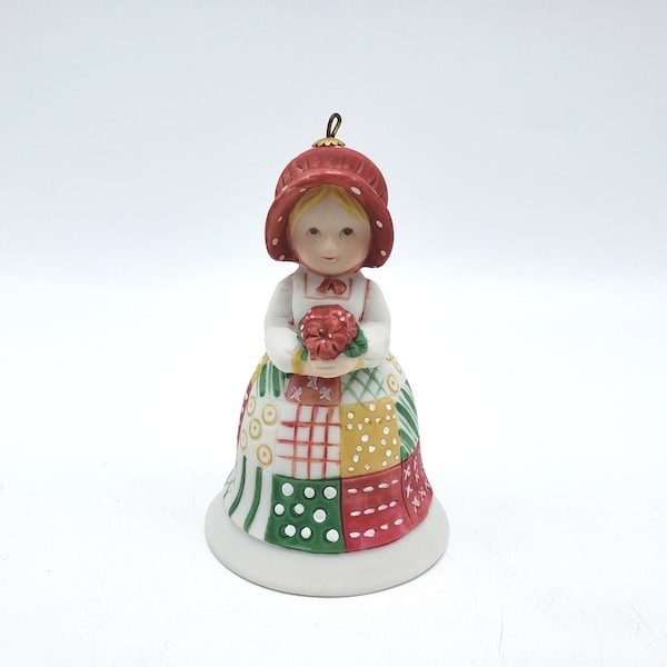 Vintage Holly Hobbie Christmas Joy Bell 1981 Porcelain Ornament Decoration Girl Red Bonnet Quilted Dress