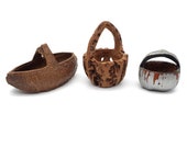Vintage Miniature Nut Shell Baskets Brazil Nut Walnut Hazelnut Acorn Carved Mini Folk Art Lot Of 3 Fairy Garden Dollhouse Shadowbox Decor