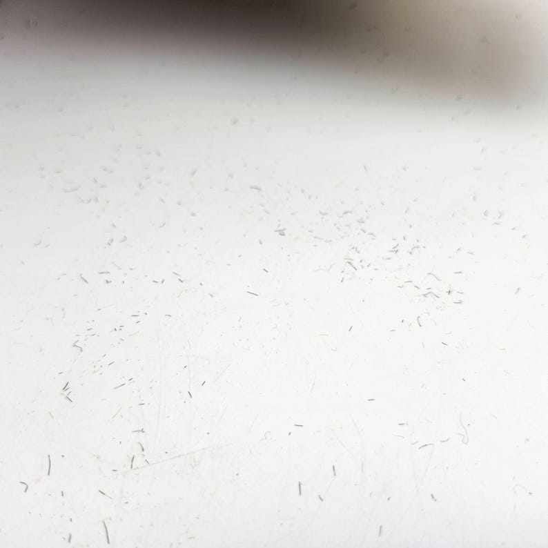 May include: A close-up shot of a white surface with small, dark debris scattered across it. The surface appears to be slightly textured, with subtle imperfections and a gradient of light and shadow.