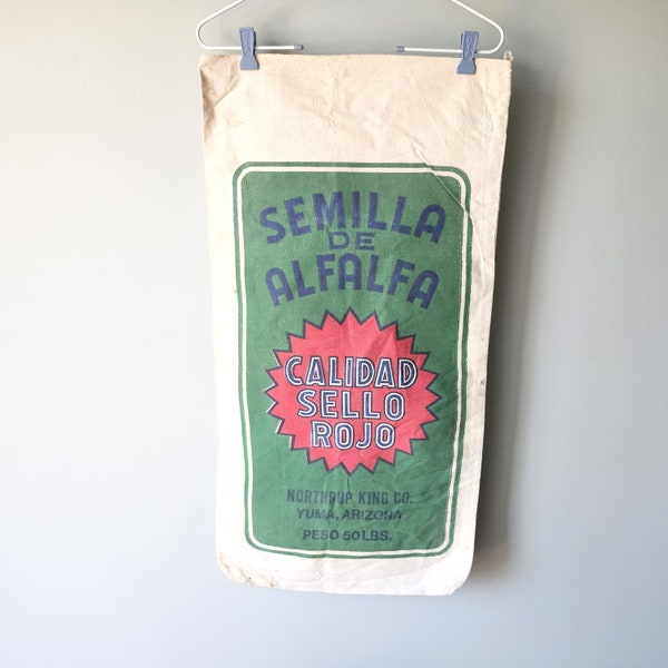 Vintage Seed Sack Northrup King Yuma AZ 50 Lb Alfalfa Bag Rustic Primitive Decor Advertising Red Green Blue