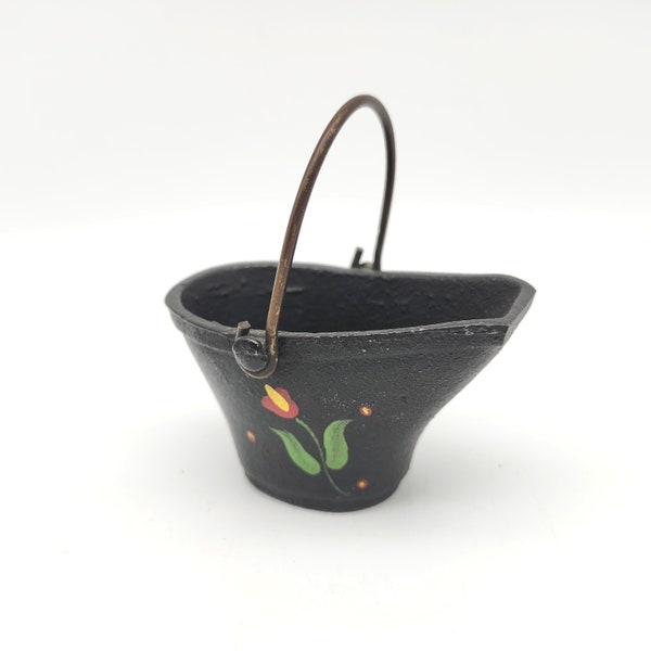 Vintage Miniature Cast Iron Coal Scuttle Bucket Toothpick Holder Black Painted Flower 3 1/2" Dollhouse Prop Model Display