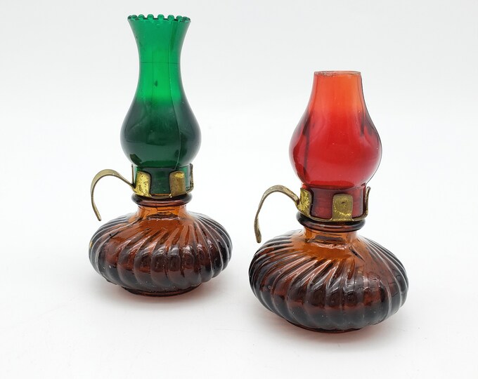 Vintage Oil Lamp Perfume Bottle Amber Glass Base Red Green Plastic
