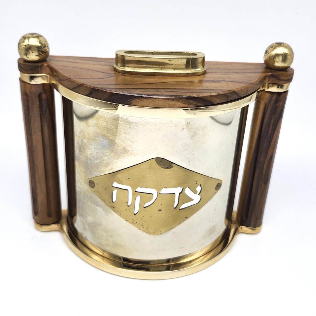 Vintage Charity Box Tzedakah Gold Plated Brass Wood Handmade in ...