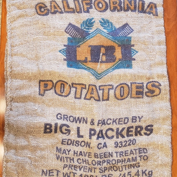 Vintage Burlap Potato Sack California Potatoes Big L Packers LBI Teal Yellow Graphics Bag Rustic Primitive Decor Crafting Advertising