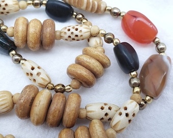 Polished Stone Carved Beaded Necklace Agate Natural Rocks Wood Bone Nut Jewelry Multi Colored Stone Long Necklace Vintage Costume Jewelry