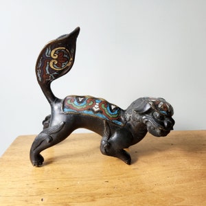 Vintage Cloisonne Bronze Brass Foo Dog Chinese Temple Lion Guardian Figure Antique Asian Decor Komainu Shishi