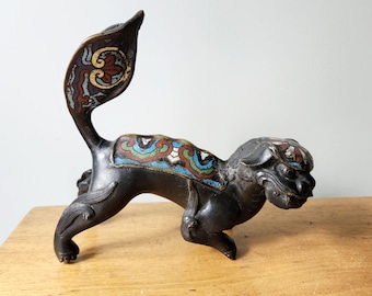 Vintage Cloisonne Bronze Brass Foo Dog Chinese Temple Lion Guardian Figure Antique Asian Decor Komainu Shishi