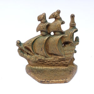 Vintage Ship Bookend Doorstop Cast Iron Metal Gold Finish Boating Nautical Decor